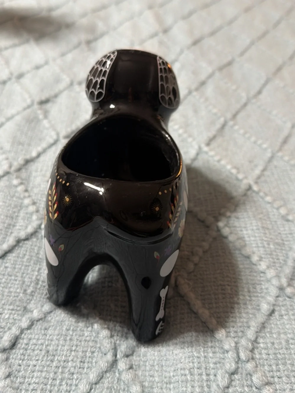 Hand-Painted Day of the Dead Black Ceramic Dog Planter